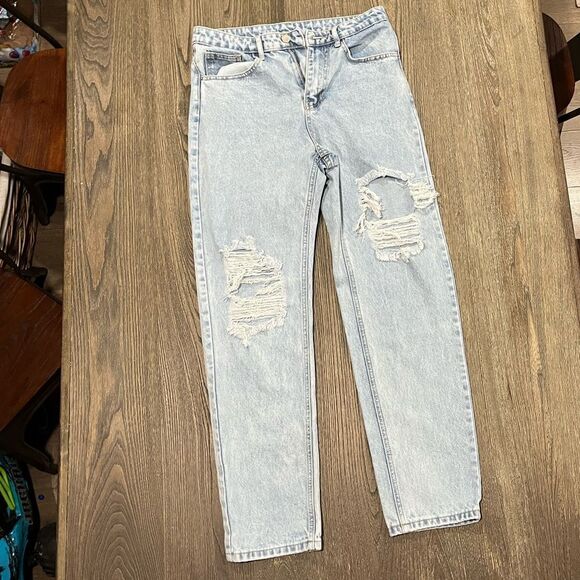 Shein Straight Jeans Distressed Denim Cotton Blend 5-Pockets Light Wash Medium - Picture 1 of 11